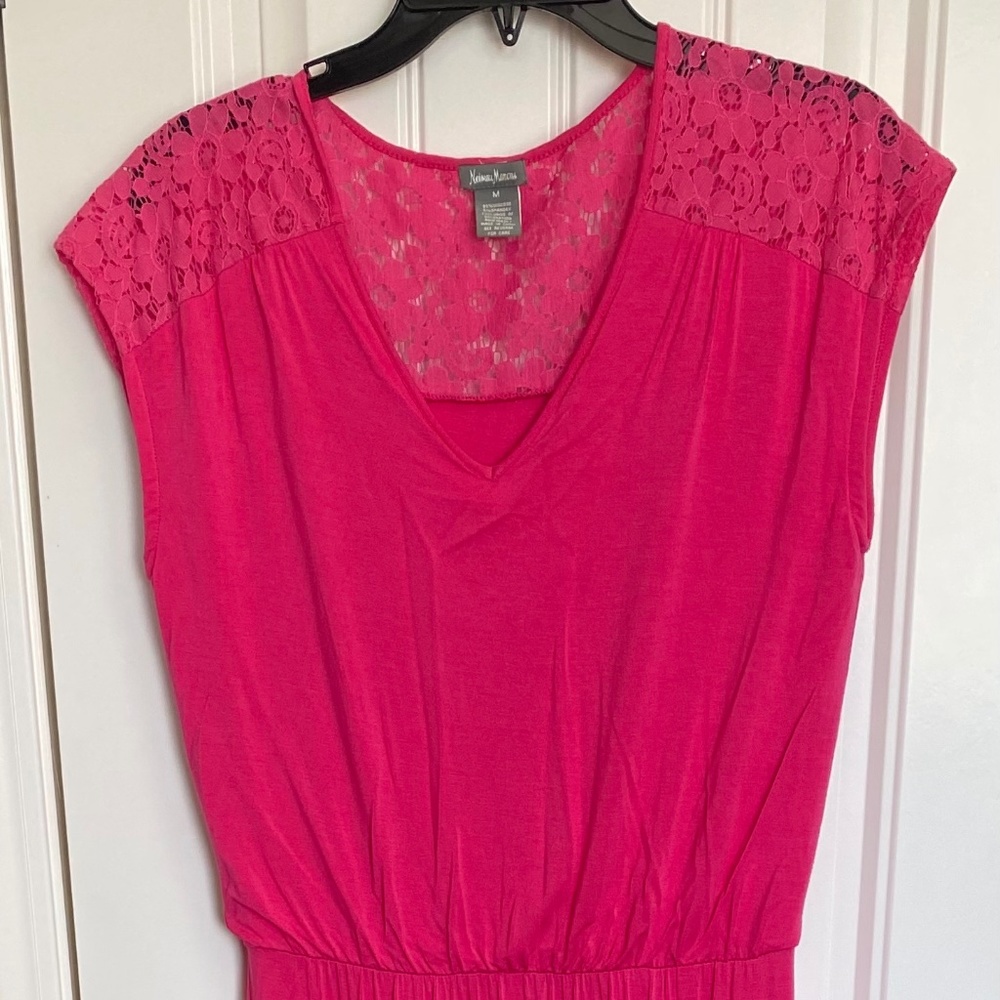 Pink Neiman Marcus maxi dress, cap sleeves, beautiful lace back, medium